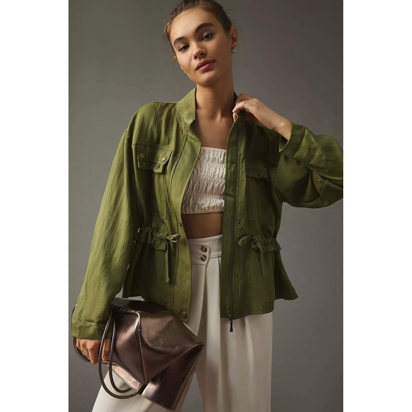 Anthropologie Army Green Oversized Ruffle Utility Jacket Women's XL - Picture 1 of 10